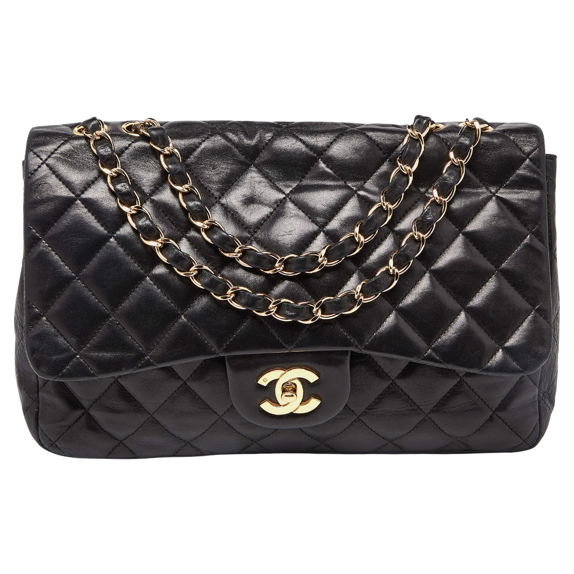 Chanel Black Quilted Leather Jumbo Classic Single Flap Bag For Sale