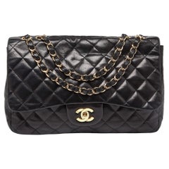 Chanel Negro Acolchado Piel Jumbo Clásico Bolso Solapa Simple