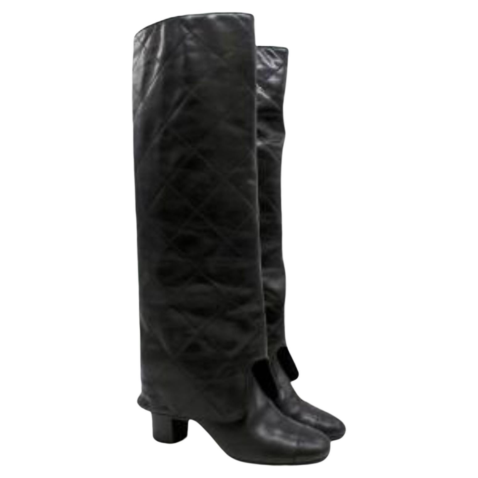 Chanel Black Quilted Leather Knee-high Boots For Sale