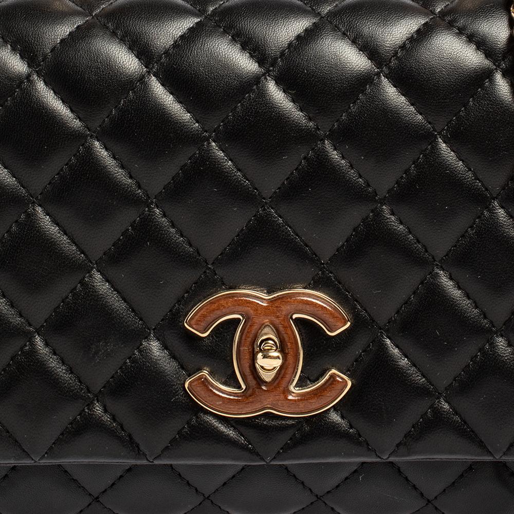 Chanel Schwarzes gestepptes Leder Klopfen auf Holz Top Handle Tasche 4