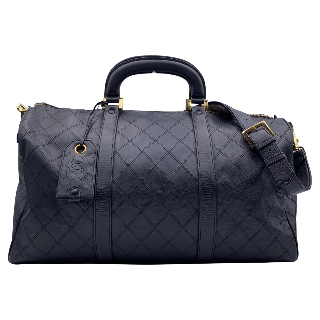 Chanel Black Quilted Leather Large Duffle Bag Weekender with Strap