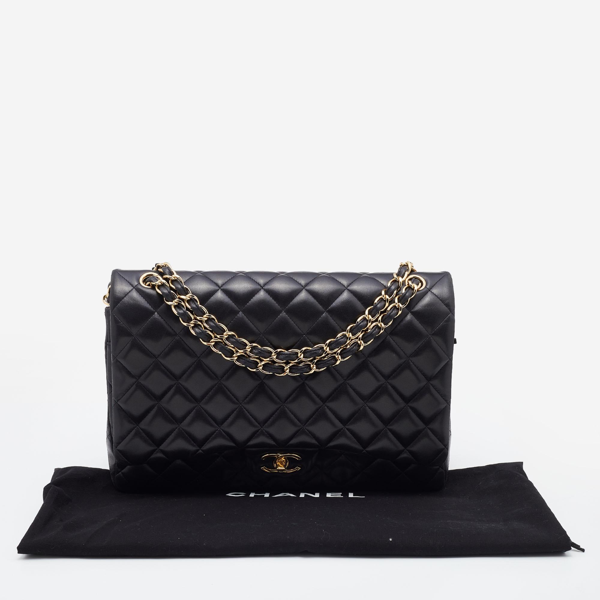 Chanel Black Quilted Leather Maxi Classic Double Flap Bag 12