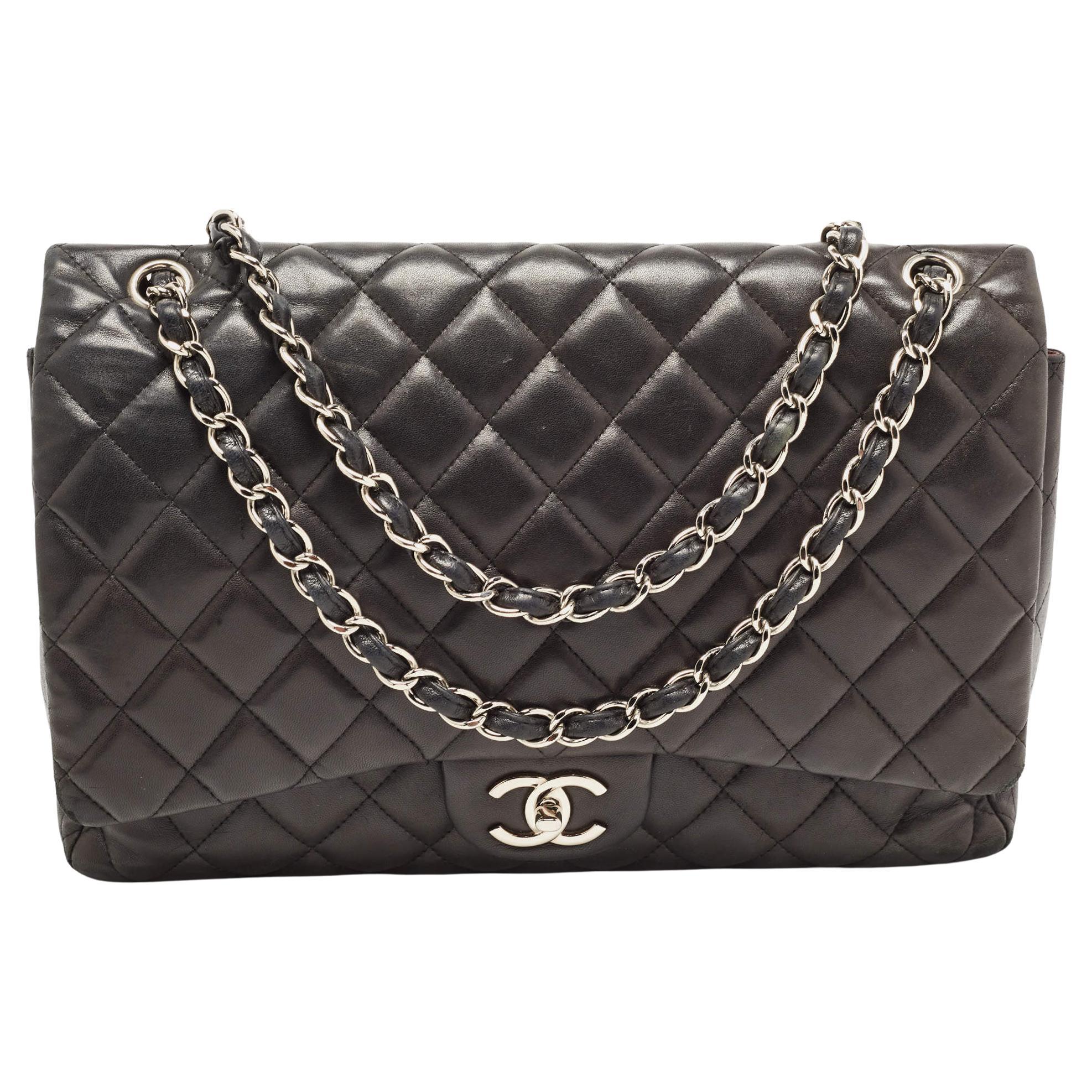 Chanel Black Quilted Leather Maxi Classic Double Flap Bag For Sale