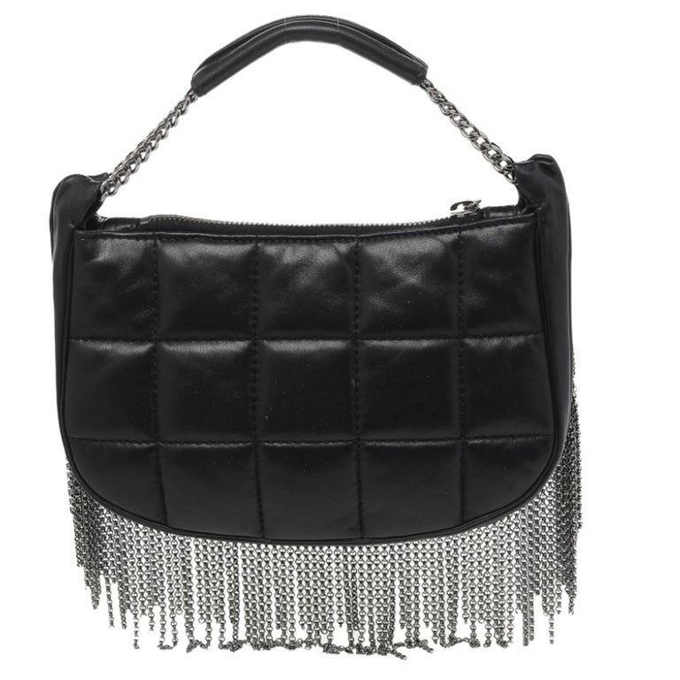 Chanel Black Quilted Leather Metal Chained Fringe Bag at 1stDibs