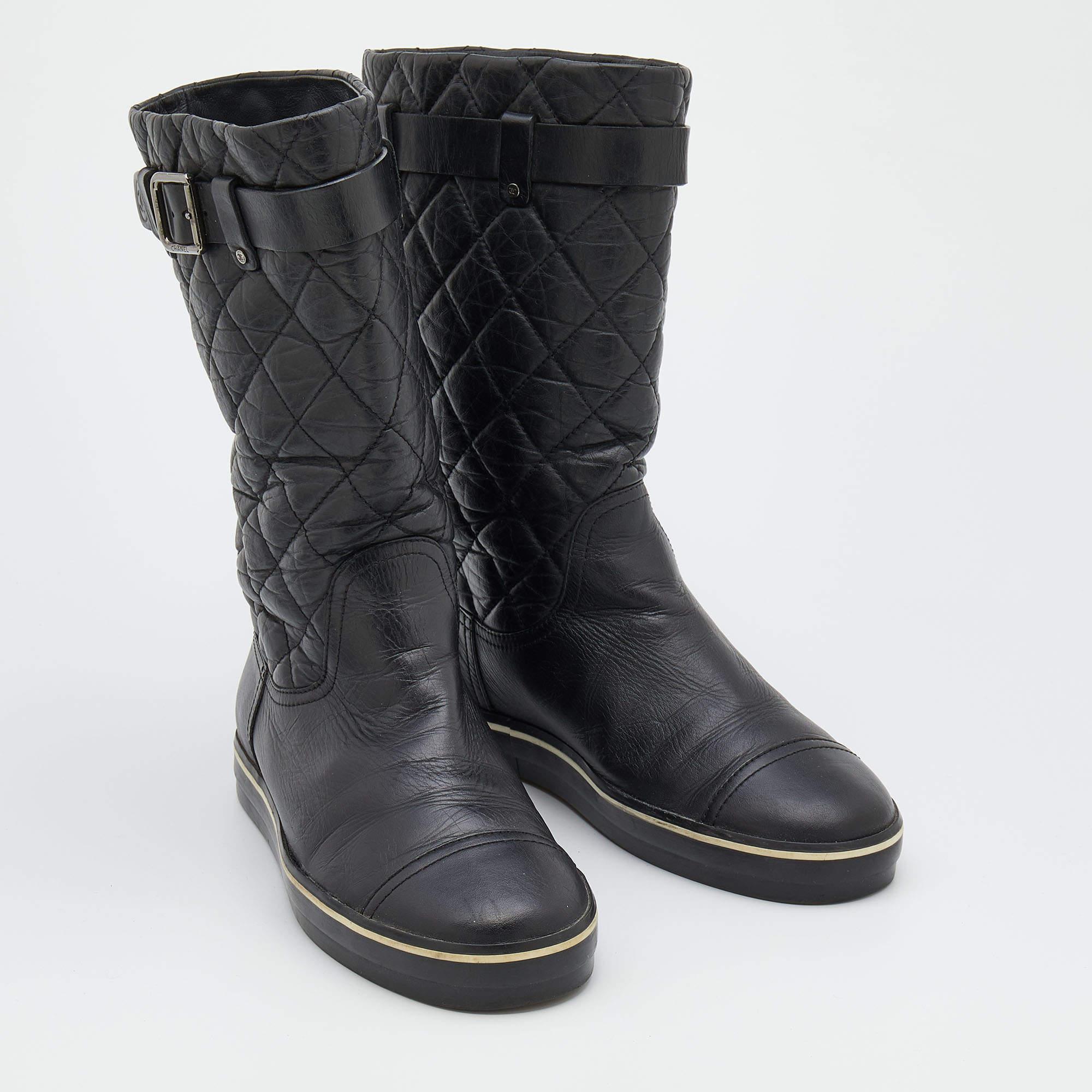 Women's Chanel Black Quilted Leather Mid Calf Length Boots Size 37.5