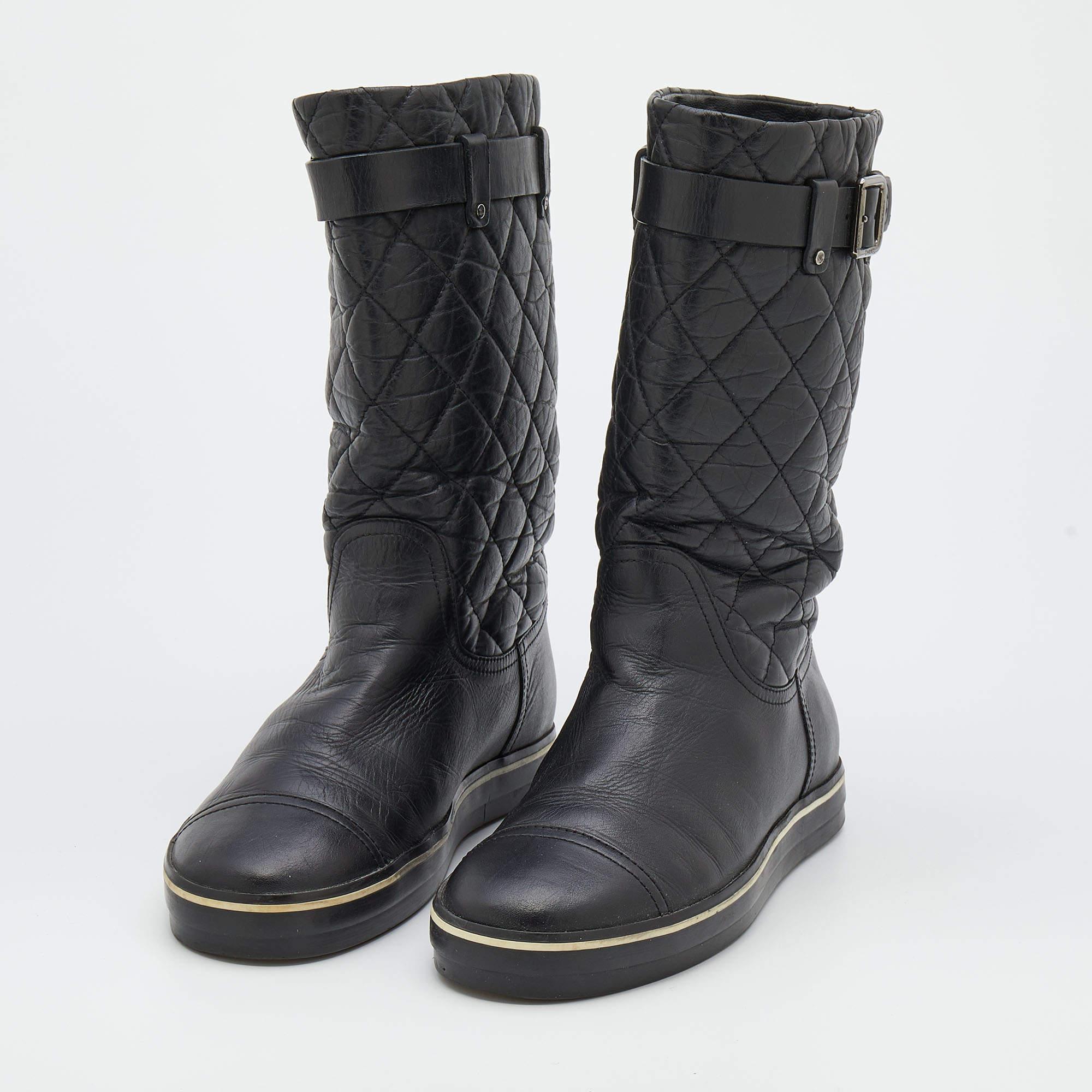 Chanel Black Quilted Leather Mid Calf Length Boots Size 37.5 1