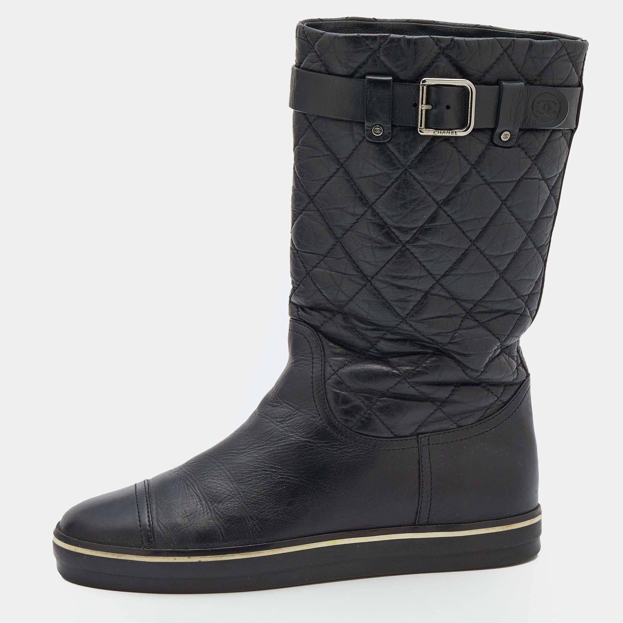 Chanel Black Quilted Leather Mid Calf Length Boots Size 37.5 2