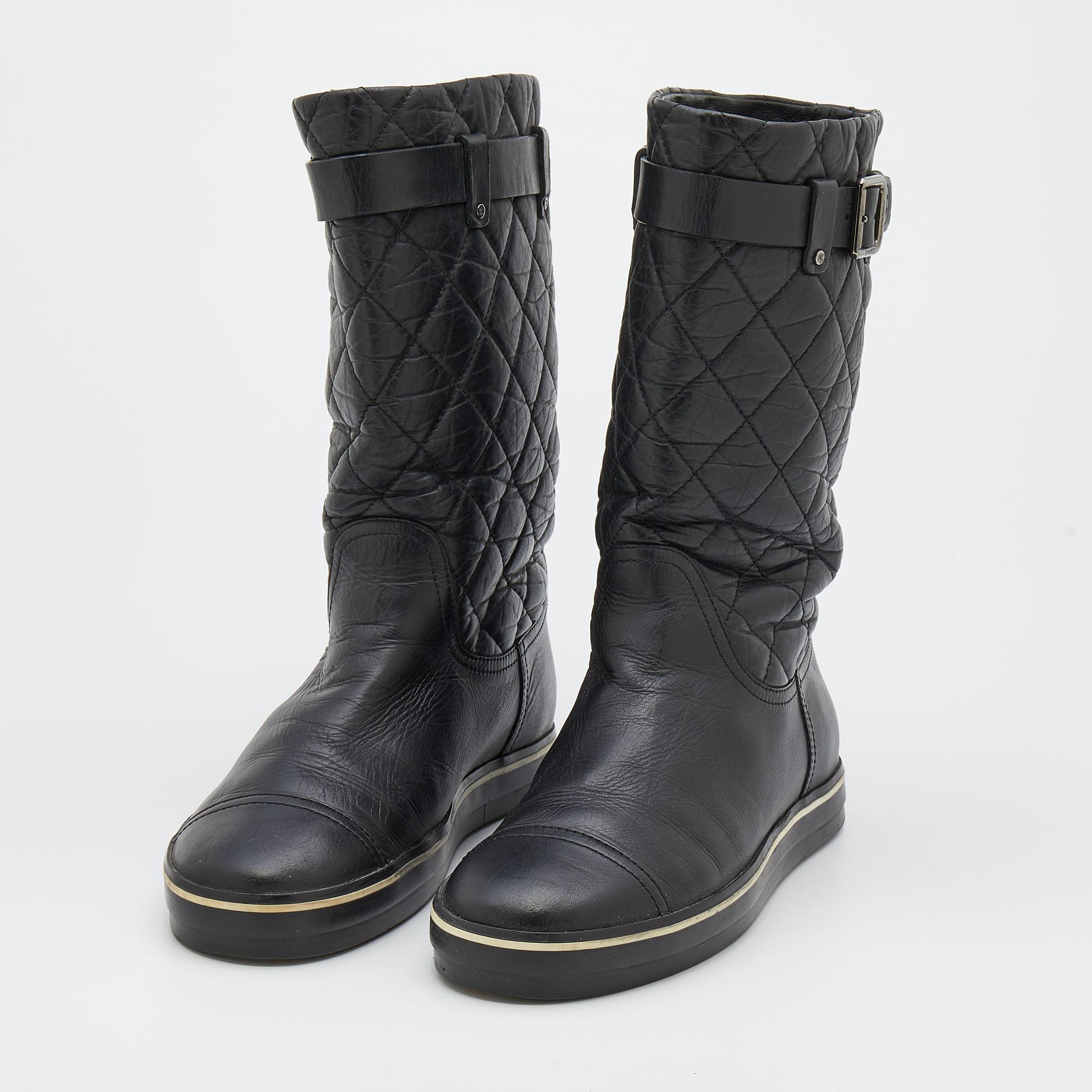Chanel Black Quilted Leather Mid Calf Length Boots Size 37.5 2