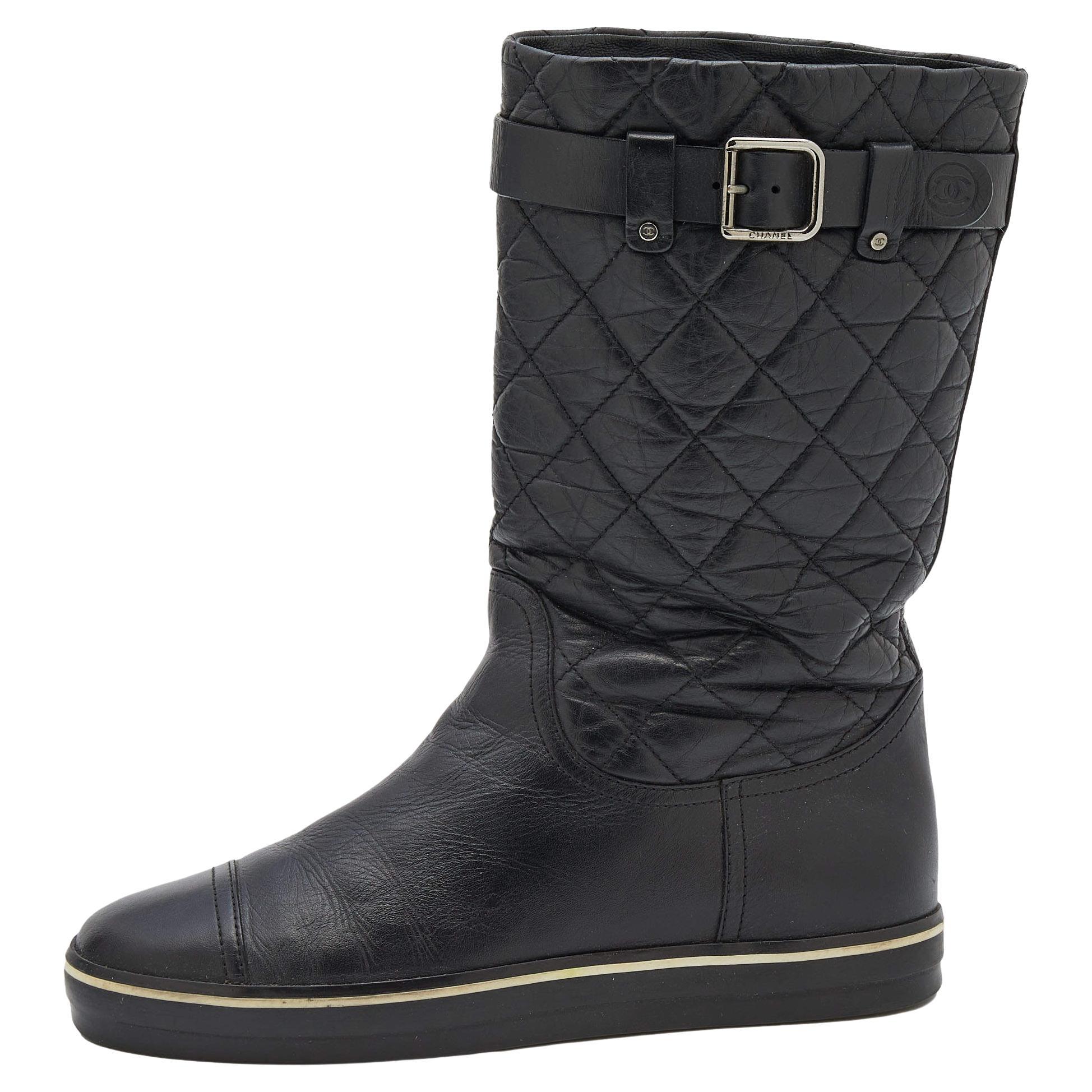 Chanel Black Quilted Leather Mid Calf Length Boots Size 37.5 For Sale at  1stDibs