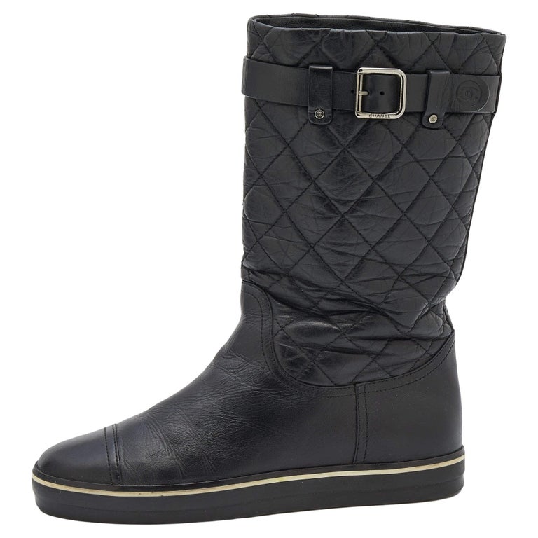 Chanel Black Quilted Leather Mid Calf Length Boots Size 37.5 For