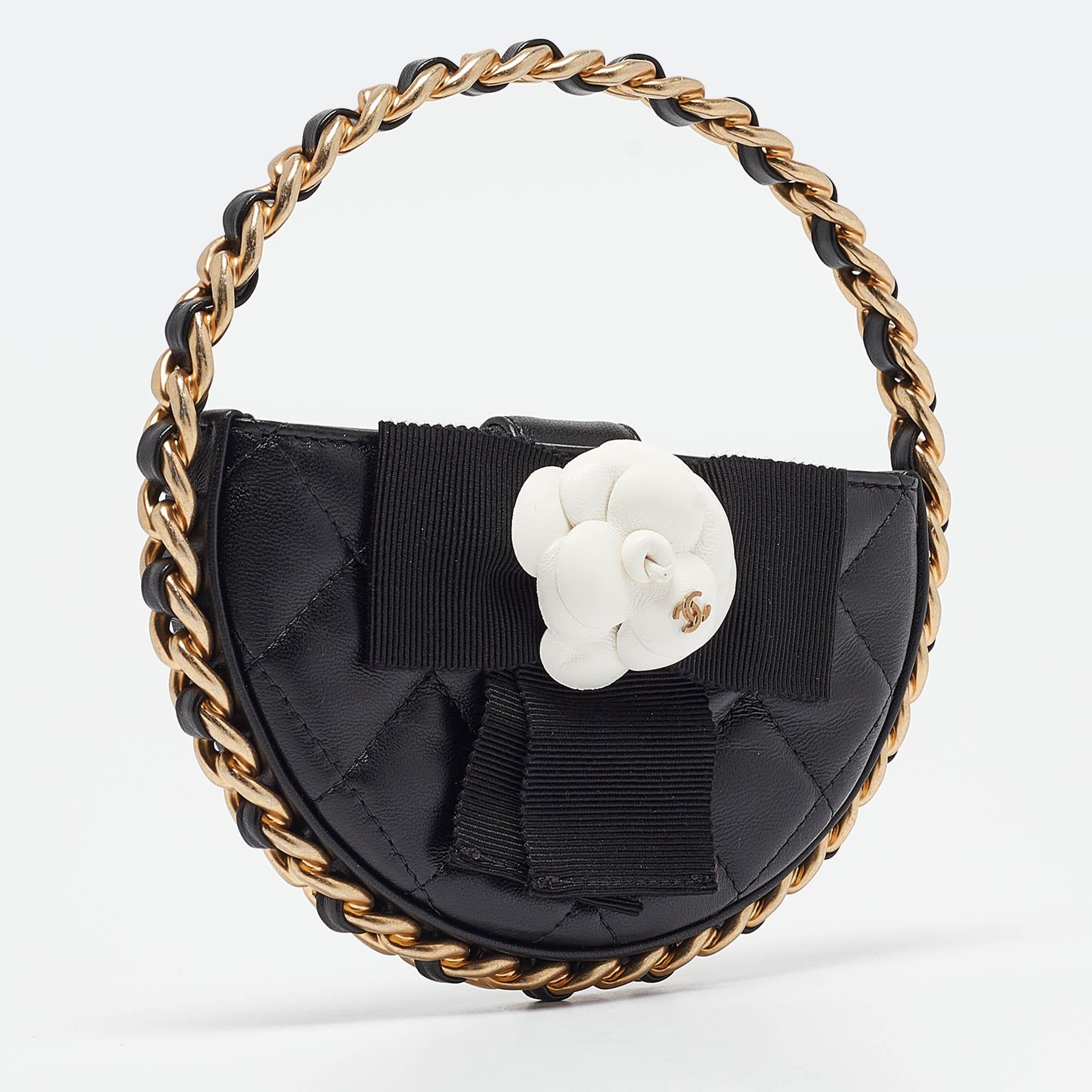 Chanel Black Quilted Leather Mini Round Camellia Clutch In New Condition In Dubai, Al Qouz 2