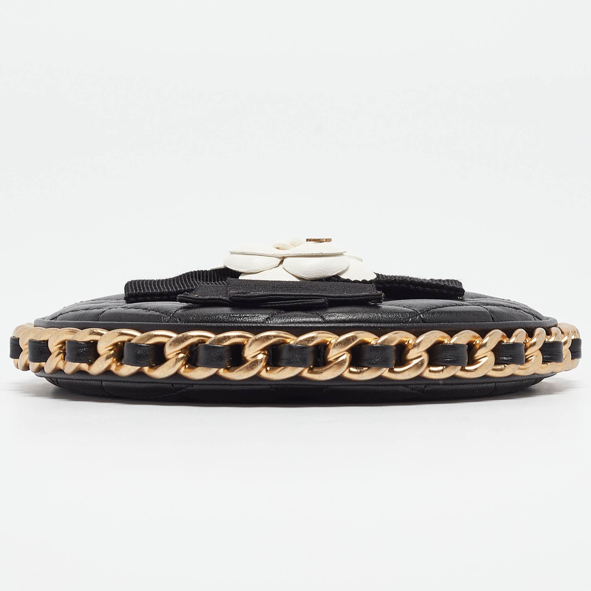 Chanel Black Quilted Leather Mini Round Camellia Clutch 2