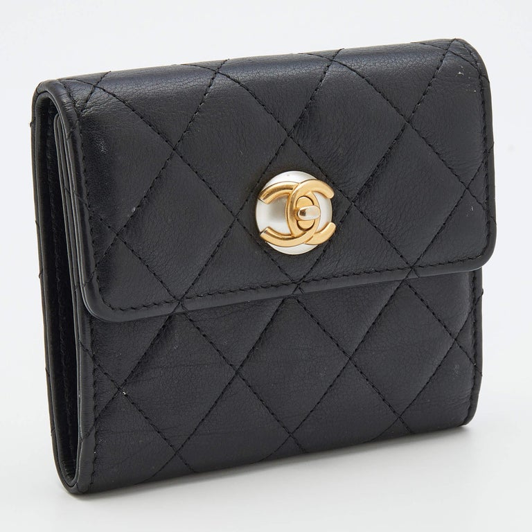 Chanel Black Quilted Leather Pearl CC Bifold Wallet at 1stDibs
