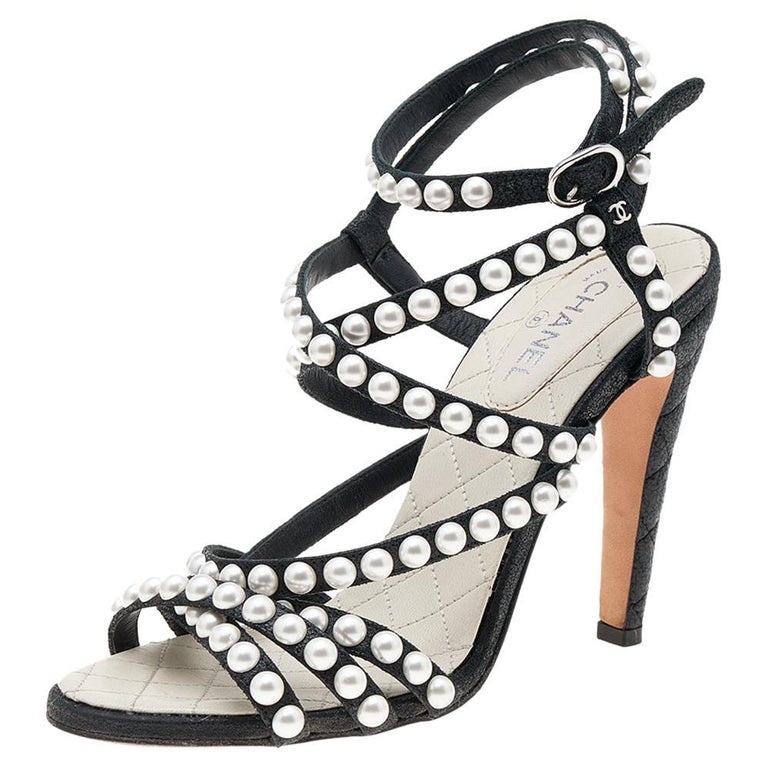Chanel Black Quilted Leather Pearl Embellished Ankle Wrap Sandals