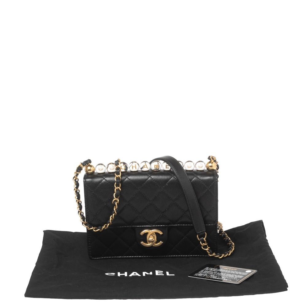 Chanel Black Quilted Leather Pearl Flap Shoulder Bag 8