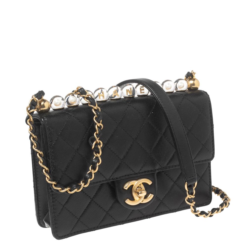 Women's Chanel Black Quilted Leather Pearl Flap Shoulder Bag