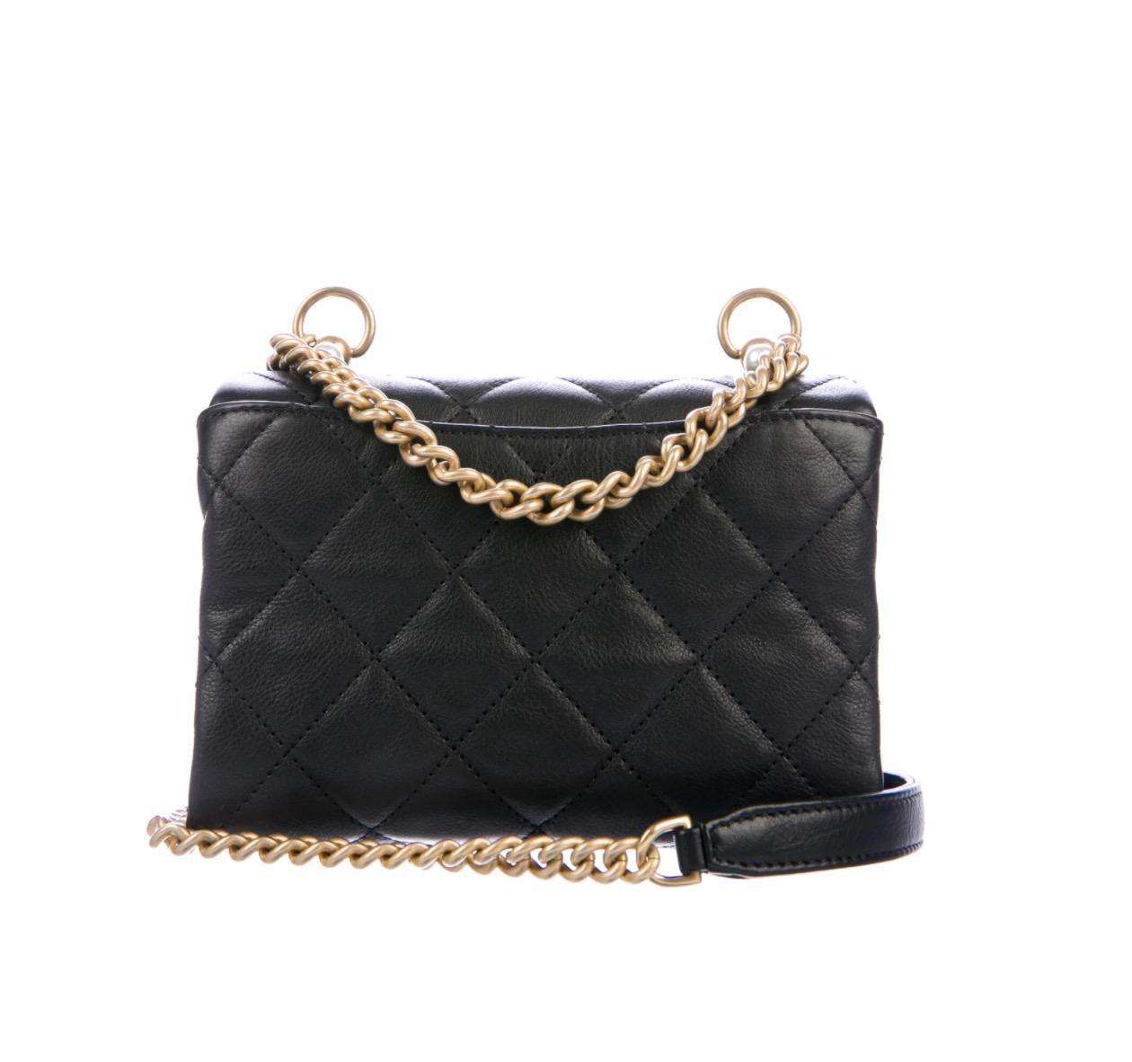 Chanel Black Quilted Leather Pearl Gold Small Evening Shoulder Flap Bag In Good Condition In Chicago, IL