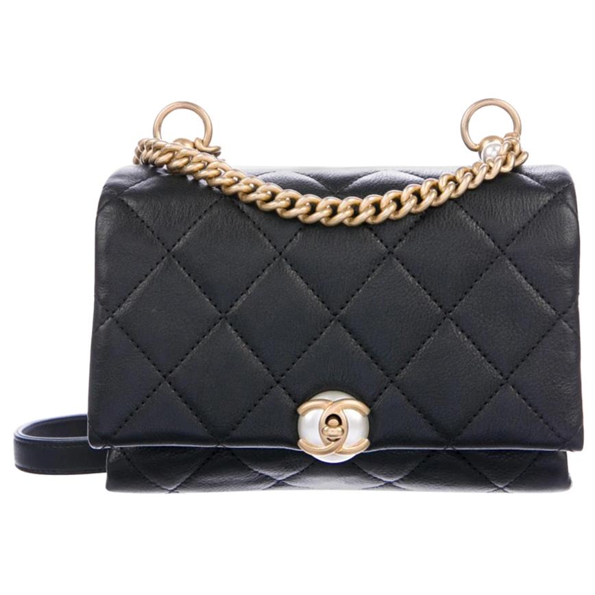 Chanel Black Quilted Leather Pearl Gold Small Evening Shoulder Flap Bag