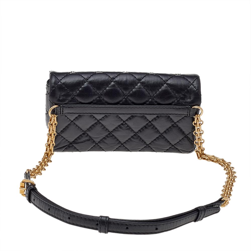 A Chanel bag should definitely be a part of your wardrobe if you are someone with an eye for the latest trends. Team this black Reissue waist-bag with matching shoes and you are set to go. It has the front flap adorned with the iconic Mademoiselle