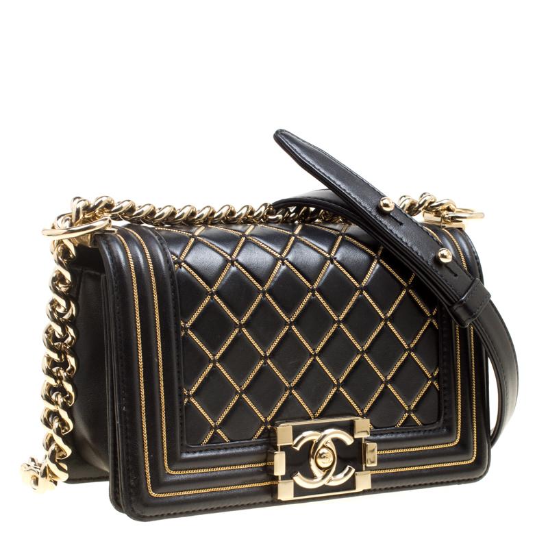 Chanel Black Quilted Leather Small Boy Chain Detail Flap Bag In Good Condition In Dubai, Al Qouz 2
