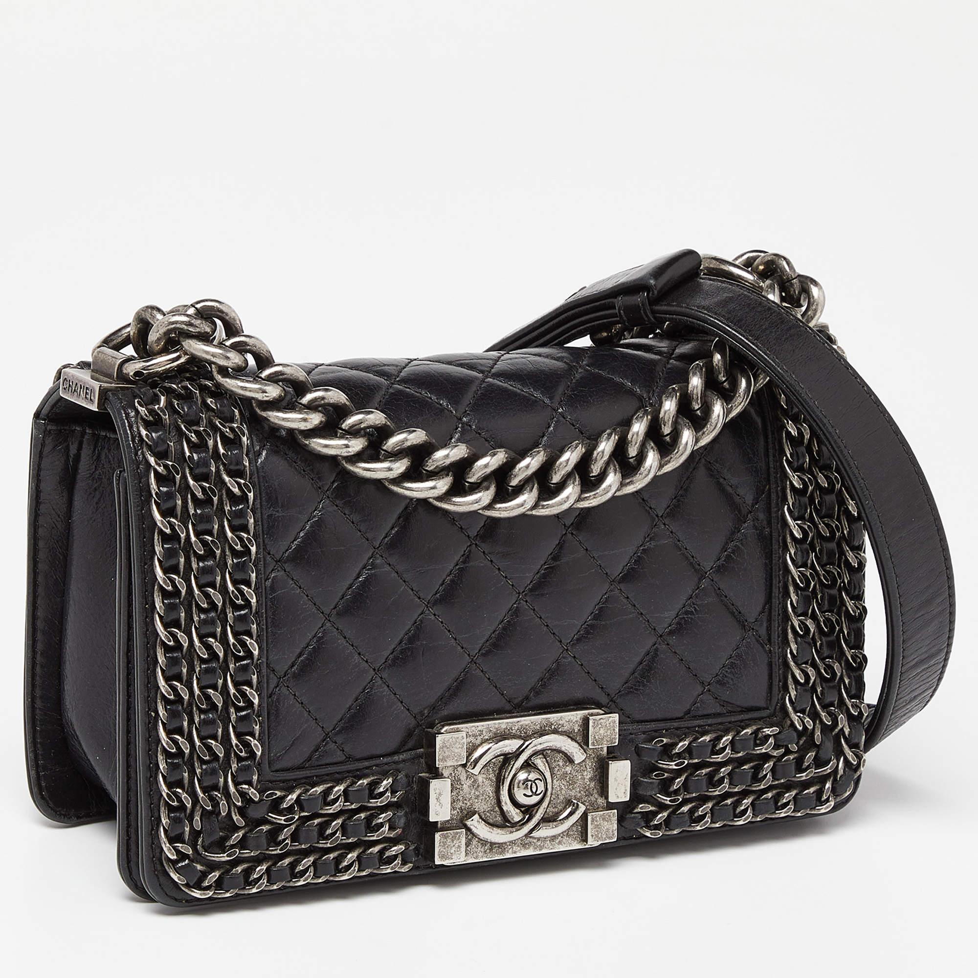Chanel Black Quilted Leather Small Boy Chained Flap Bag For Sale 7