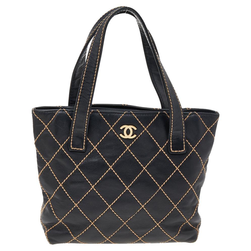 Chanel Black Quilted Leather Small Wild Stitch Tote