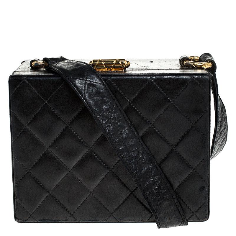 Chanel Black Quilted Leather Vintage Box Bag 9