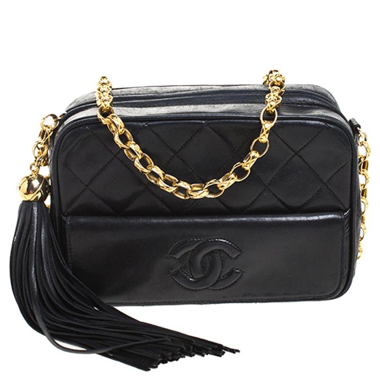 Chanel Black Quilted Leather Vintage CC Tassel Camera Bag For Sale at