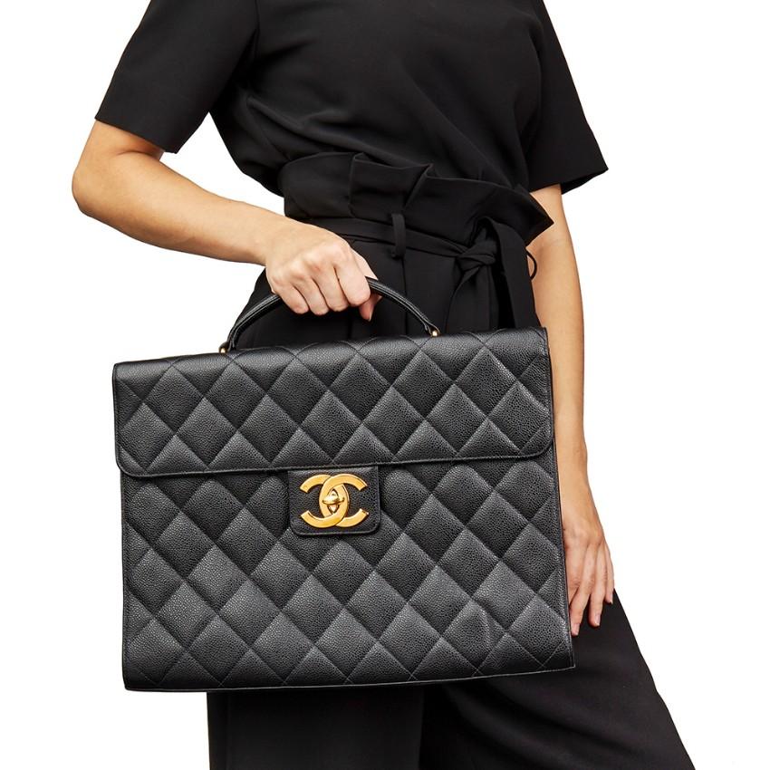 Chanel Black Quilted-Leather Vintage XL Classic Briefcase For Sale 6