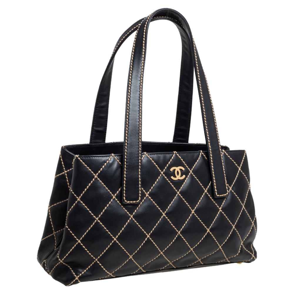 black leather quilted chanel style tote