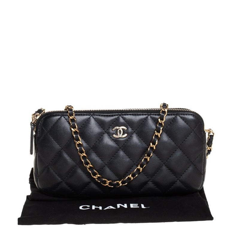 Chanel Black Quilted Leather WOC Double Zip Wallet on Chain at 1stDibs