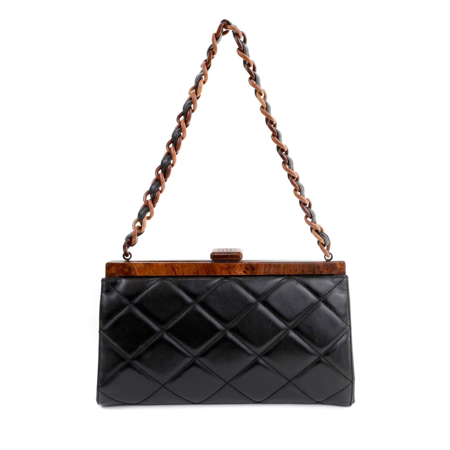 Chanel Black Quilted Leather Wood Framed Bag In Good Condition In Palm Beach, FL