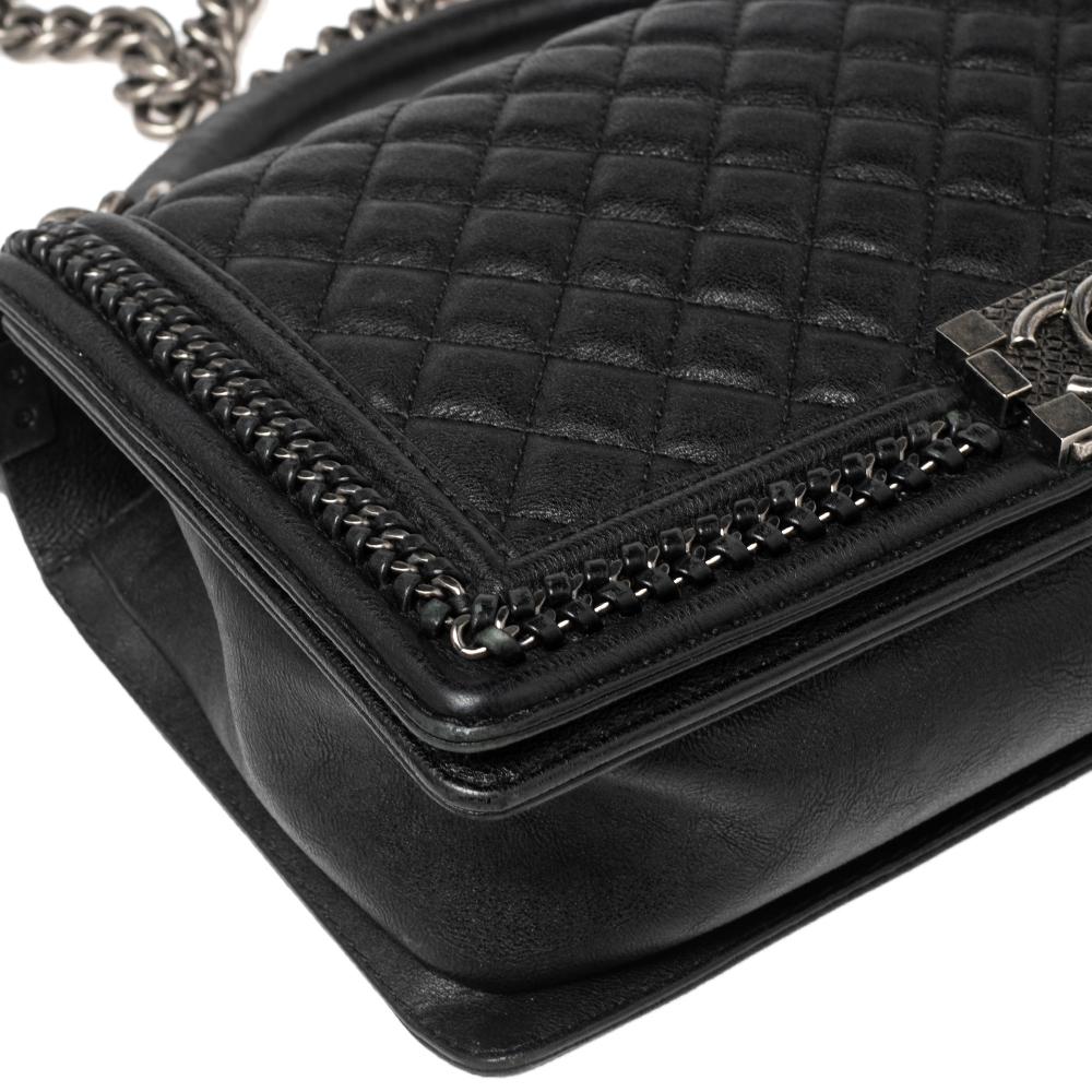 Women's Chanel Black Quilted Leather Woven Chain Trim New Medium Boy Flap Bag