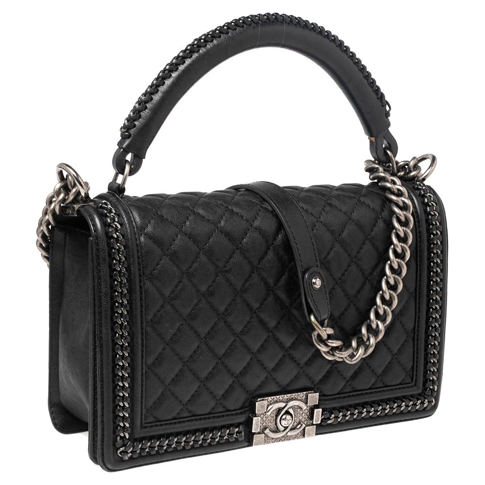 Chanel Black Quilted Leather Woven Chain Trim New Medium Boy Flap Bag 3