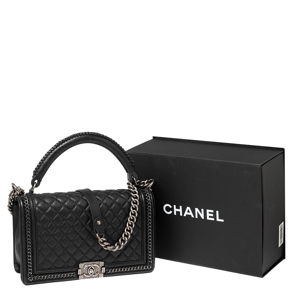 Chanel Black Quilted Leather Woven Chain Trim New Medium Boy Flap Bag 4