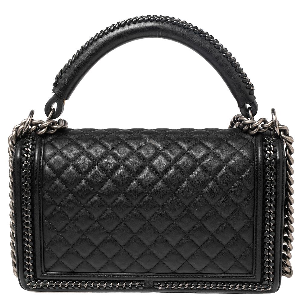 Chanel Black Quilted Leather Woven Chain Trim New Medium Boy Flap Bag 5