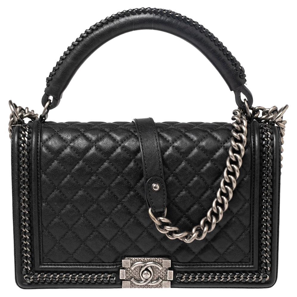 Chanel Black Quilted Leather Woven Chain Trim New Medium Boy Flap Bag