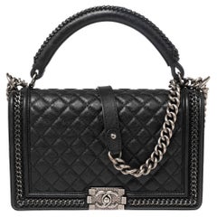 Chanel Black Quilted Leather Woven Chain Trim New Medium Boy Flap Bag