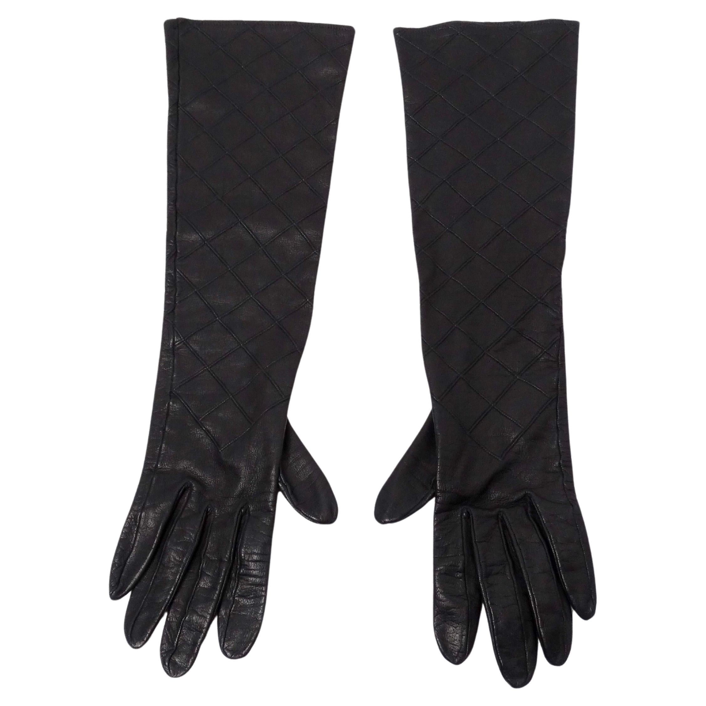 Chanel Black Quilted Long Leather Gloves circa 1990s For Sale