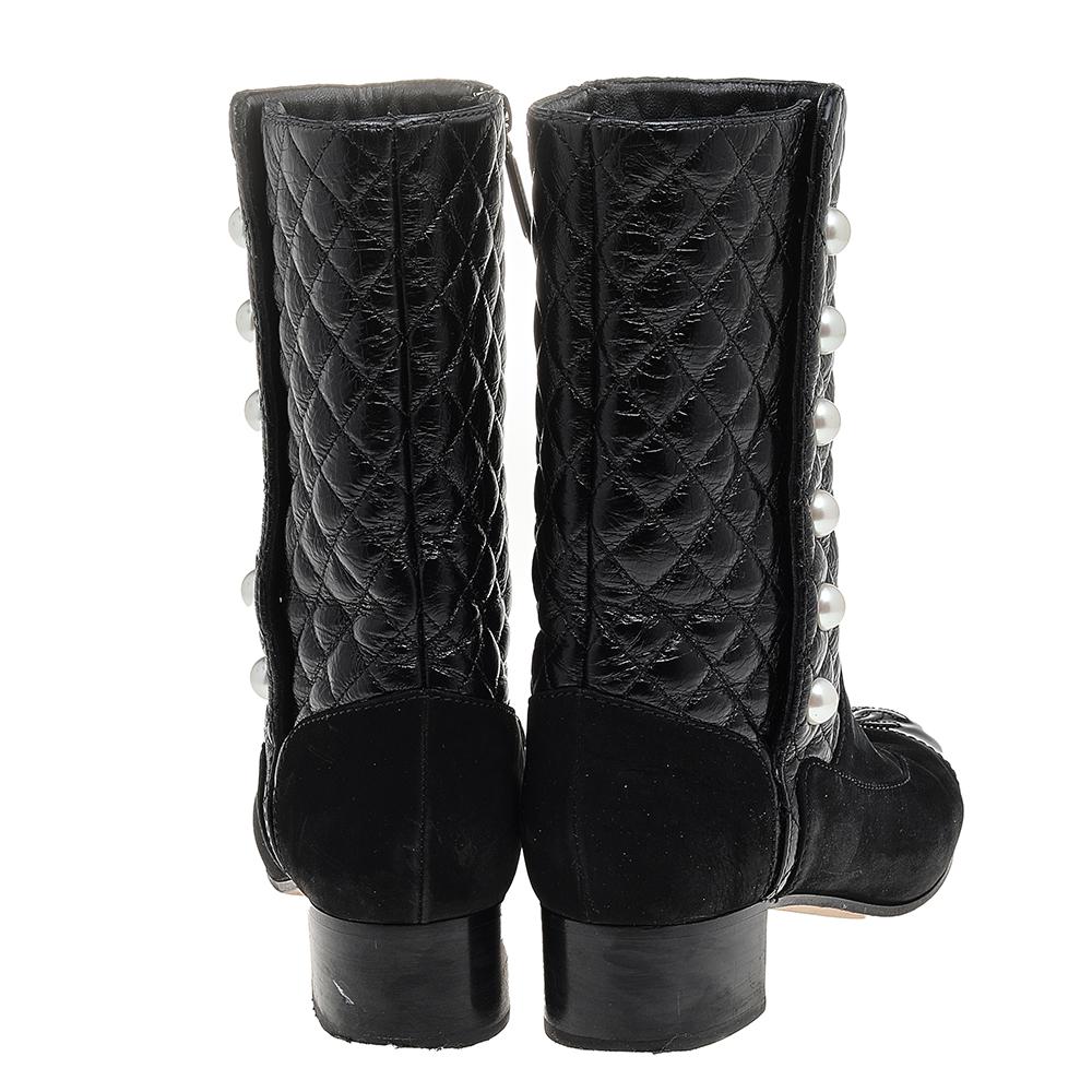 Chanel Black Quilted Nubuck Leather And Aged Leather CC Mid Calf Boots Size 39 1