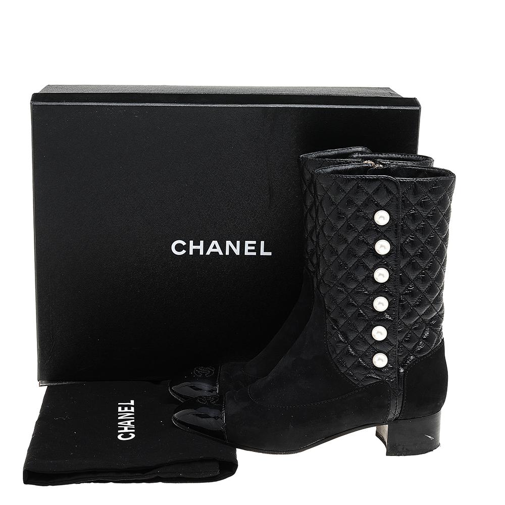 Chanel Black Quilted Nubuck Leather And Aged Leather CC Mid Calf Boots Size 39 4