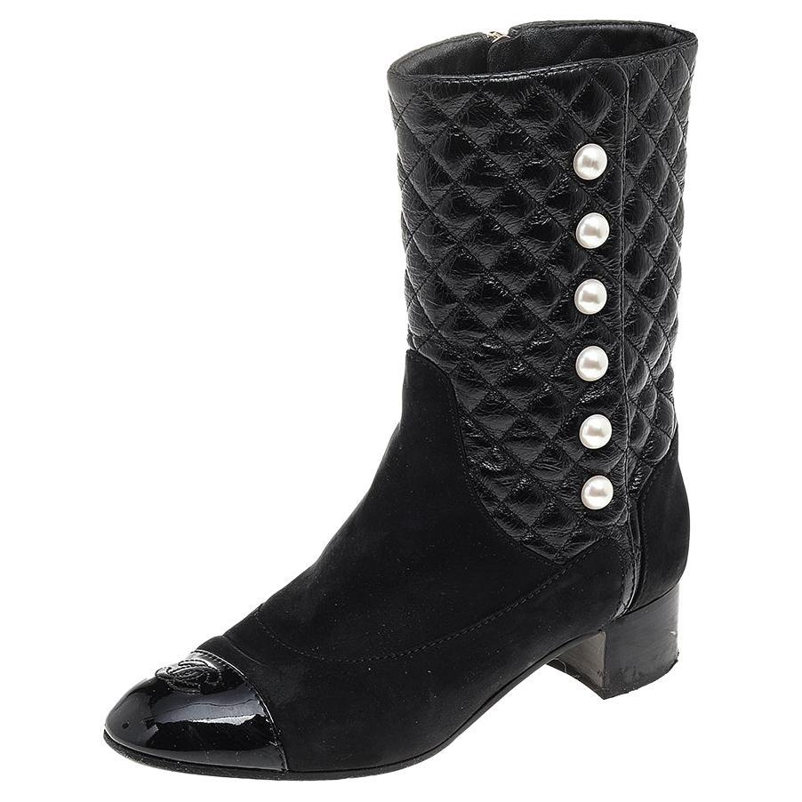 Chanel Black Quilted Nubuck Leather And Aged Leather CC Mid Calf Boots Size 39