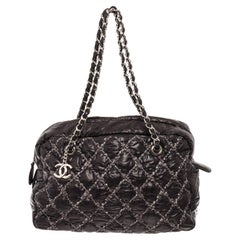 Vintage Chanel Black Quilted Nylon Tweed On Stitch Bowler Bag