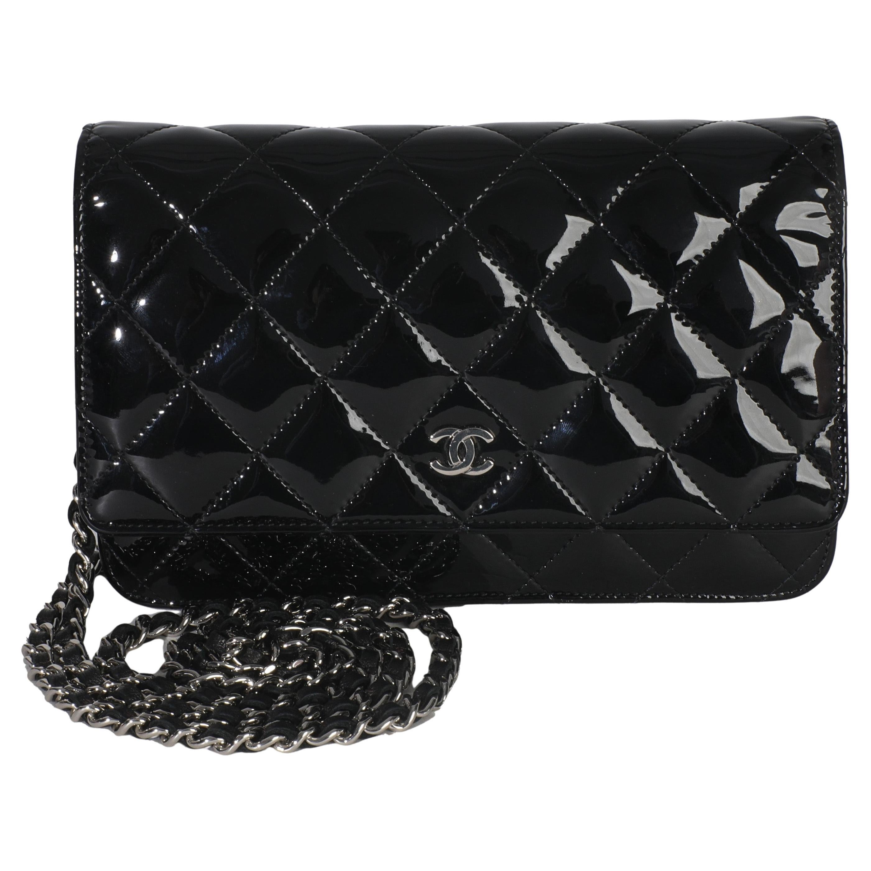 Chanel Black Quilted Patent Classic Wallet On Chain For Sale