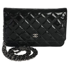 Chanel Black Quilted Patent Classic Wallet On Chain