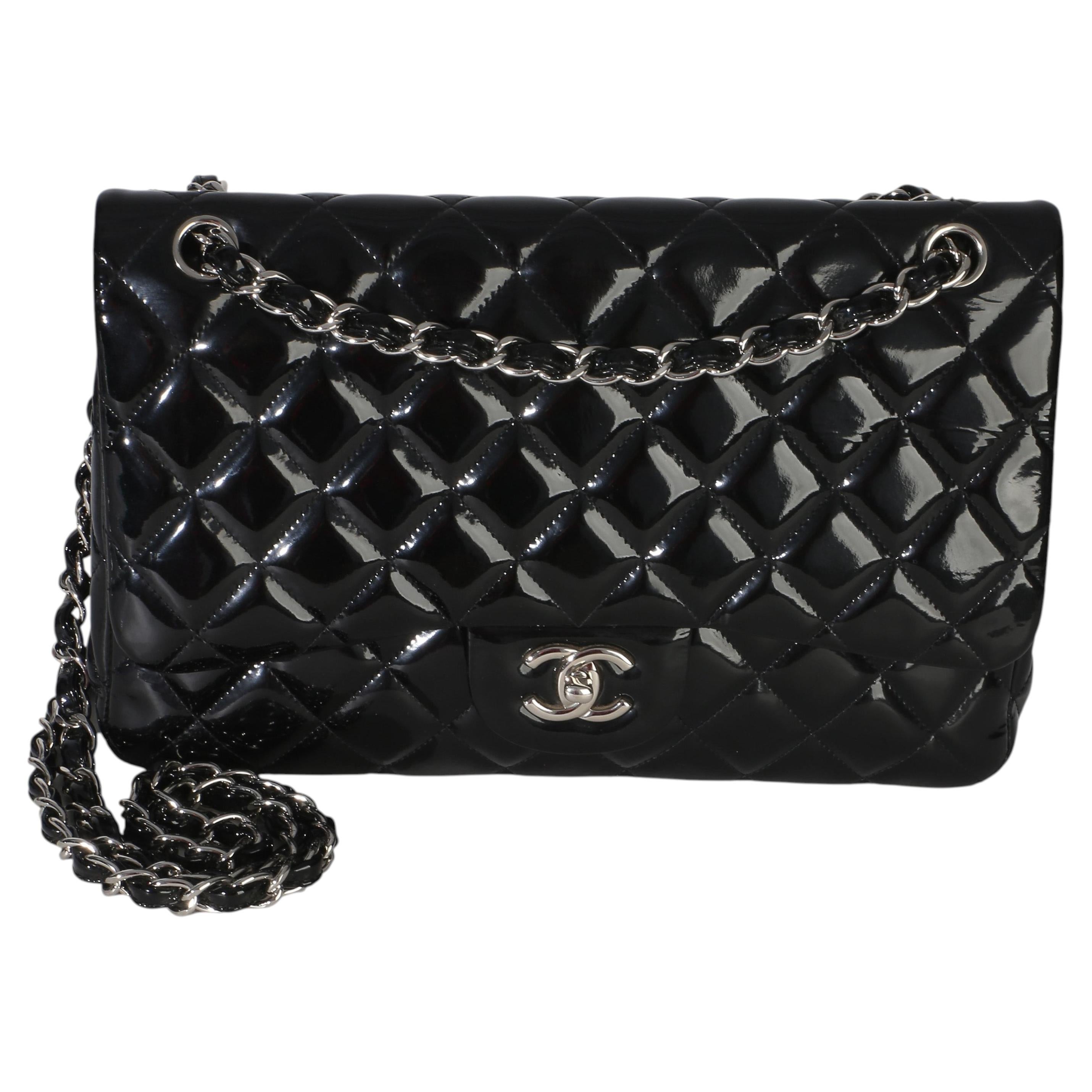 Chanel Black Quilted Patent Jumbo Classic Double Flap Bag