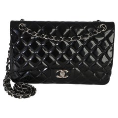 Chanel Black Quilted Patent Jumbo Classic Double Flap Bag