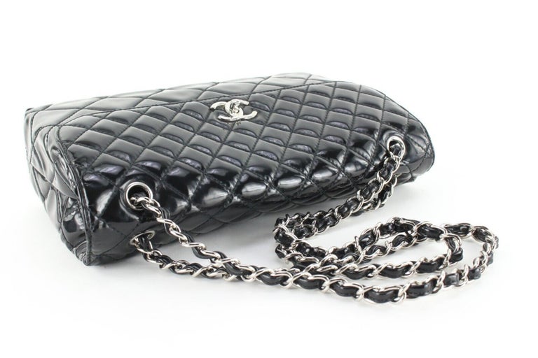Chanel Black x Silver Patent CC Logo Chain Flap Chain Bag 644cks317
