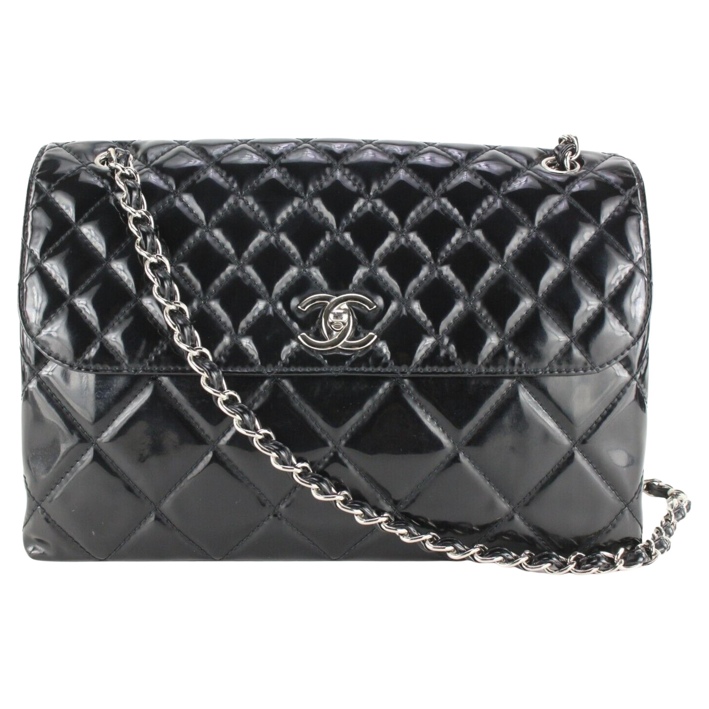 Chanel Black Quilted Patent Jumbo Flap SHW 89c26a For Sale