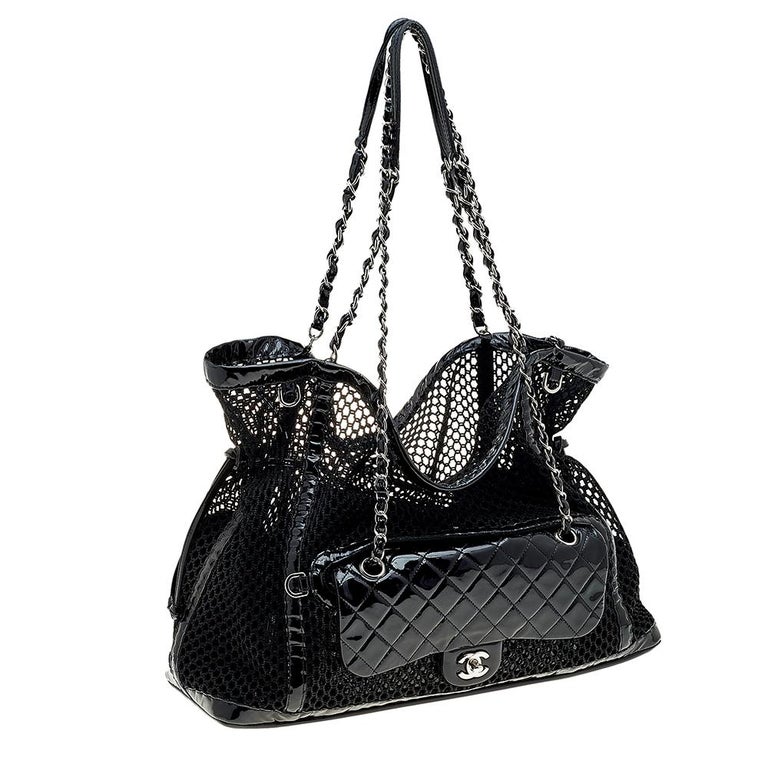 Chanel Black Quilted Patent Leather And Mesh La Madrague Tote